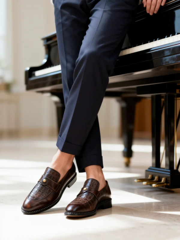Men's dark brown handcrafted leather single strap loafers by Royal Moccs.