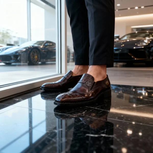 Stylish formal loafers for men with silver insignia, available to buy online in Pakistan.
