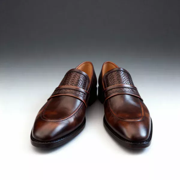 Men's brown handcrafted leather loafers with woven saddle by Royal Moccs.