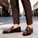 Men's brown handcrafted leather loafers with woven saddle by Royal Moccs.