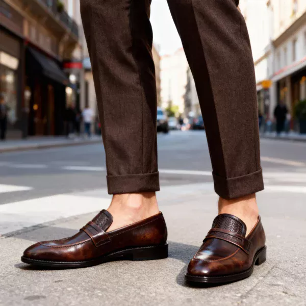 Men's brown handcrafted leather loafers with woven saddle by Royal Moccs.