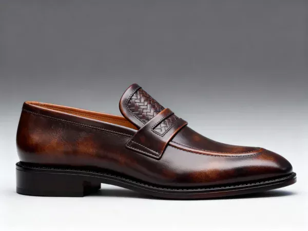 Men's brown handcrafted leather loafers with woven saddle by Royal Moccs.