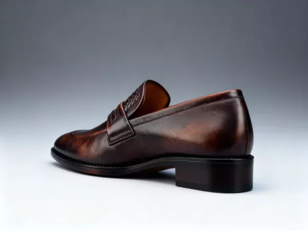 Men's brown handcrafted leather loafers with woven saddle by Royal Moccs.