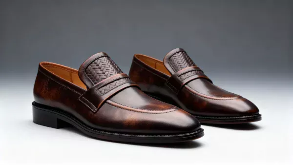 Men's brown handcrafted leather loafers with woven saddle by Royal Moccs.