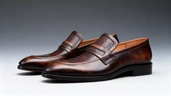 Men's brown handcrafted leather loafers with woven saddle by Royal Moccs.