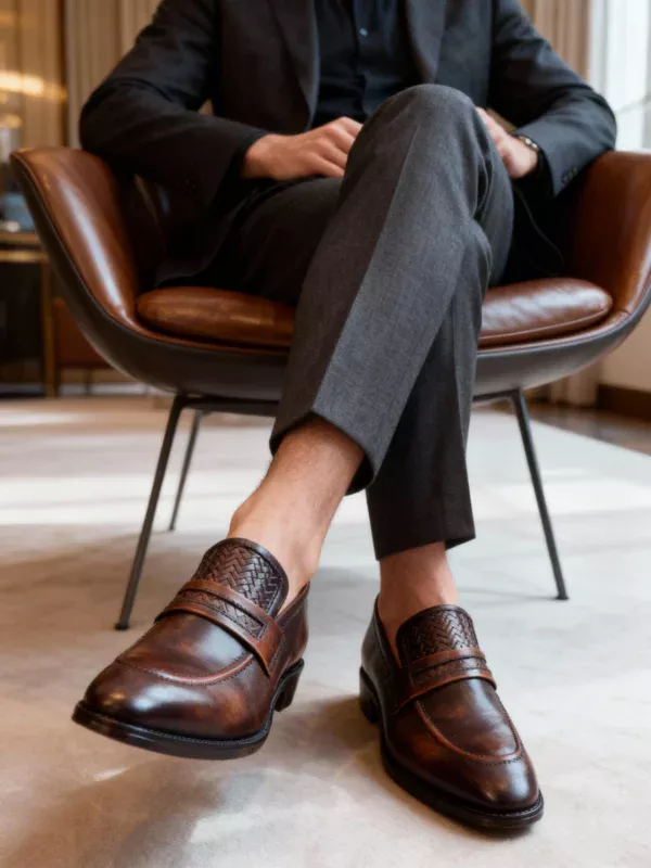 Men's brown handcrafted leather loafers with woven saddle by Royal Moccs.