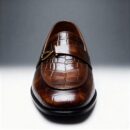 Men's brown handcrafted leather crocodile-embossed loafers by Royal Moccs.