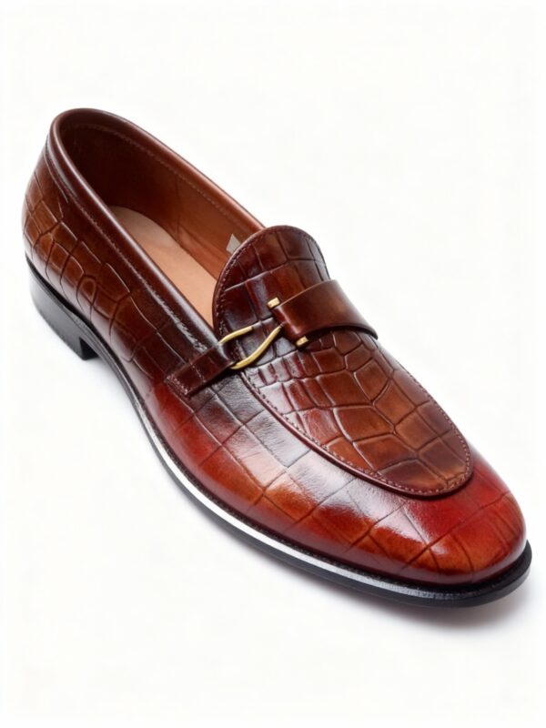 Men's brown handcrafted leather crocodile-embossed loafers by Royal Moccs.