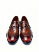 Men's brown handcrafted leather crocodile-embossed loafers by Royal Moccs.