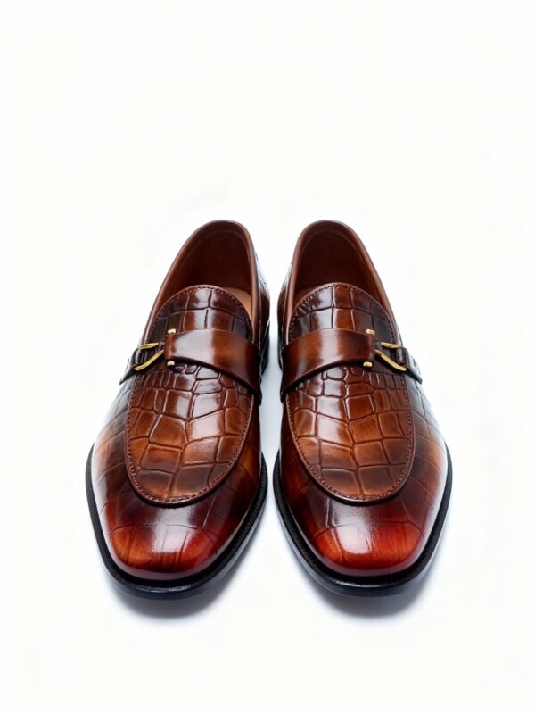 Men's brown handcrafted leather crocodile-embossed loafers by Royal Moccs.