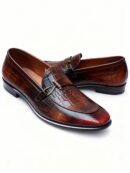 Men's brown handcrafted leather crocodile-embossed loafers by Royal Moccs.