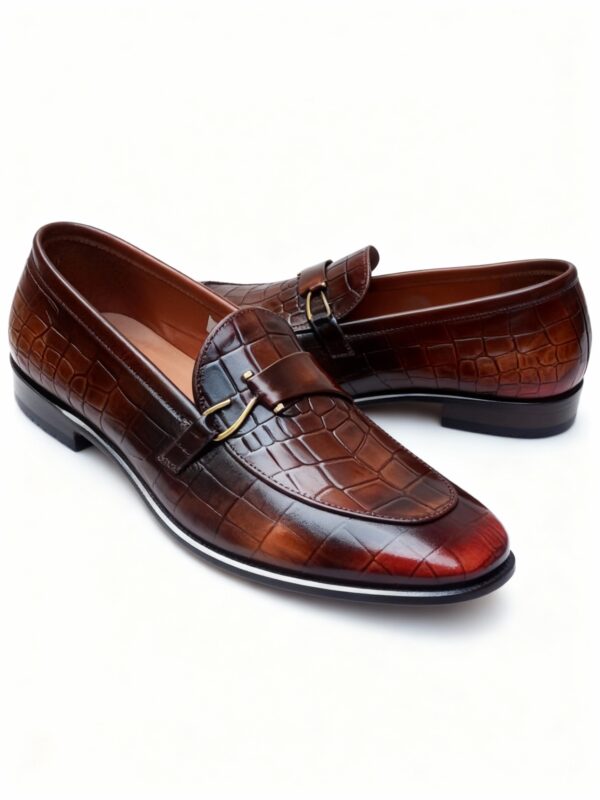 Men's brown handcrafted leather crocodile-embossed loafers by Royal Moccs.