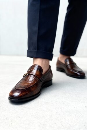 Men's brown handcrafted leather crocodile-embossed loafers by Royal Moccs.