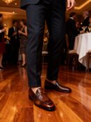 Men's brown handcrafted leather crocodile-embossed loafers by Royal Moccs.