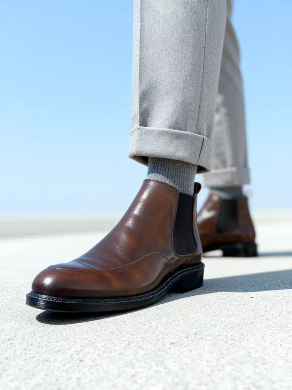 Men's dark brown handcrafted leather Chelsea boots by Royal Moccs.